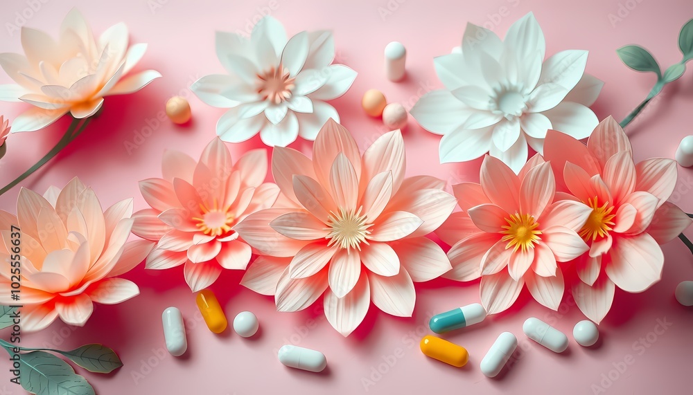 Obraz premium Pastel pink flowers with white pills on a pink background