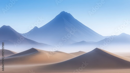 A distant mountain in the desert fading into the fog, with only the sharp edges of nearby dunes visible in the foreground