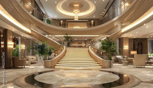 Create a 3D model of a luxury hotel lobby with opulent decor and a sweeping staircase.