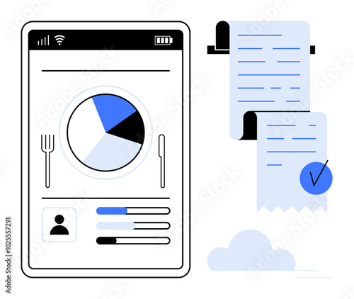 Mobile screen displays a pie chart for diet tracking and a user profile, while paper receipts with a check mark hang nearby. Ideal for diet tracking, budgeting, technology, app development, digital