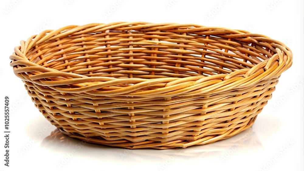 Description: Wicker basket without handle on white surface Description: Wicker basket without handle on white surface