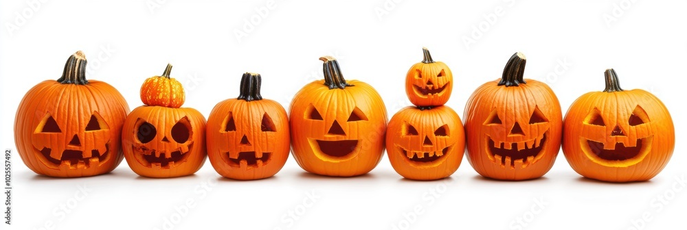 Halloween holiday carved pumpkin isolated over white background closeup view Halloween holiday carved pumpkin isolated over white background closeup view