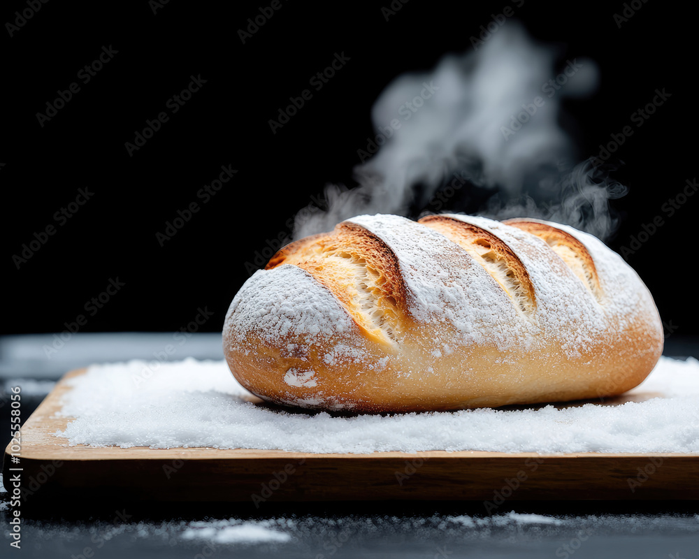 Freshly baked bread with steam, dusted with flour, on a wooden board. Freshly baked bread with steam, dusted with flour, on a wooden board.