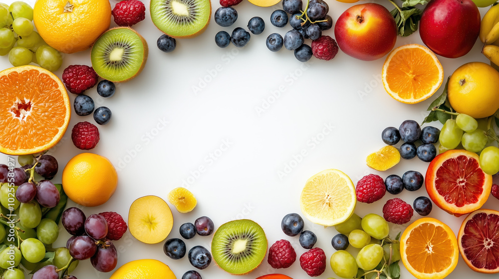 Fresh Fruit Arrangement on Edges with Clean White Center for Eye-Catching Promotions Fresh Fruit Arrangement on Edges with Clean White Center for Eye-Catching Promotions