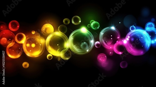 Bright, glowing rainbow-colored bubbles floating in a dark room, creating a whimsical and playful mood with soft, colorful reflections