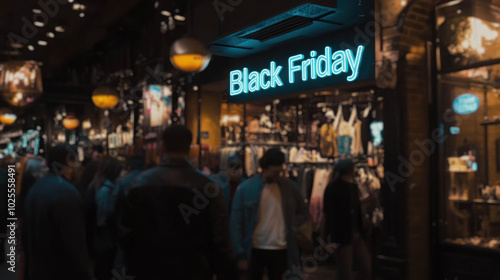 Crowd shopping during Black Friday event in a bustling street market, showcasing vibrant storefronts.