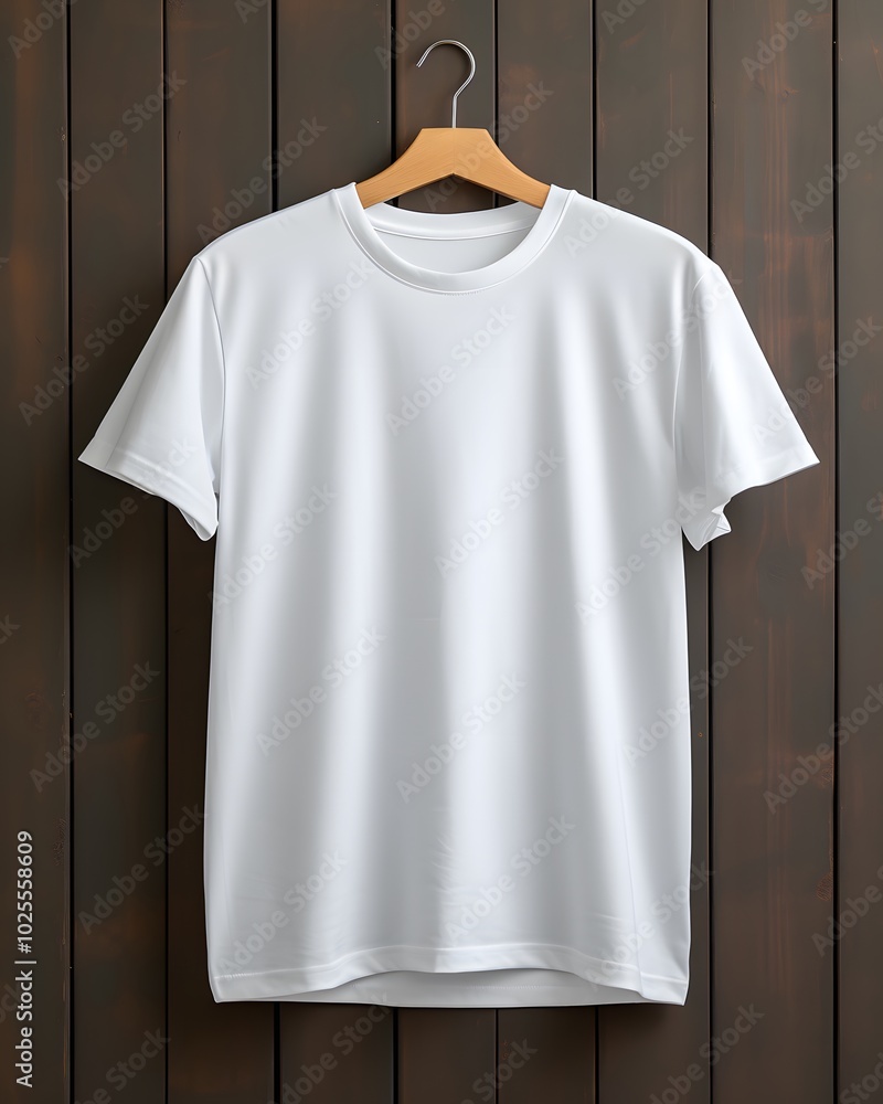 A plain white t-shirt hanging on a wooden hanger against a rustic background. A plain white t-shirt hanging on a wooden hanger against a rustic background.