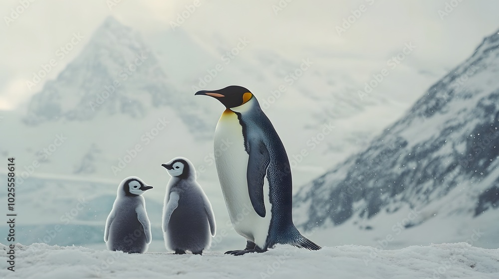 Obraz premium A family of emperor penguins stands on snowy terrain, with two chicks by the adult, set against a backdrop of icy mountains.