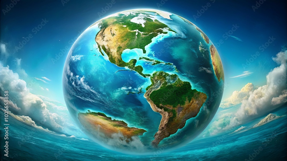 Fototapeta premium A celestial sphere, enveloped in vibrant hues of azure, depicts a vibrant Earth, showcasing continents and oceans, against a backdrop of fluffy white clouds and a celestial expanse.