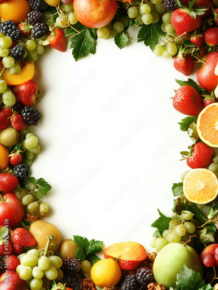 Seasonal Fresh Fruits Framing a White Center for Attractive Advertising and Packaging Seasonal Fresh Fruits Framing a White Center for Attractive Advertising and Packaging