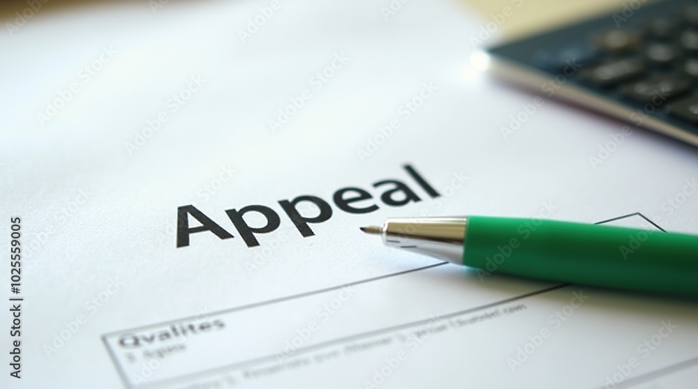 Appeal document with green pen and calculator in focus Appeal document with green pen and calculator in focus