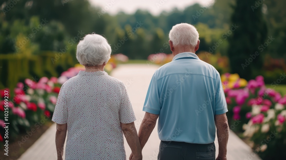 Obraz premium Joyful Elderly Couple Strolling Amid Blooming Garden at Nursing Home