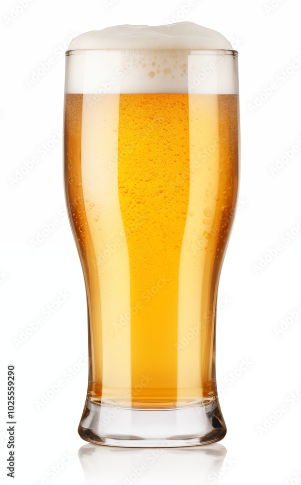 A refreshing glass of golden beer filled to the brim, showcasing its frothy top and bubbly texture in a bright setting A refreshing glass of golden beer filled to the brim, showcasing its frothy top and bubbly texture in a bright setting