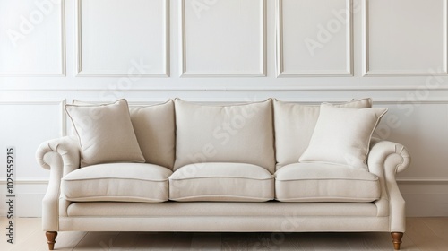 White Sofa with Pillows in Front of White Paneled Wall