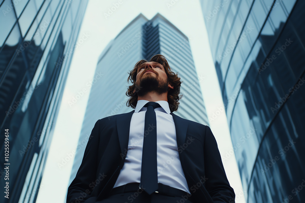 A handsome man in a sleek black suit, standing proudly before a massive skyscraper, hyperrealistic portrait of success A handsome man in a sleek black suit, standing proudly before a massive skyscraper, hyperrealistic portrait of success