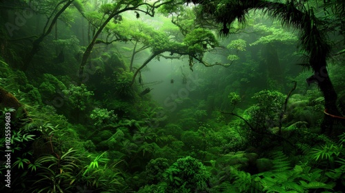 Dense Rainforest Canopy with Mist and Lush Greenery