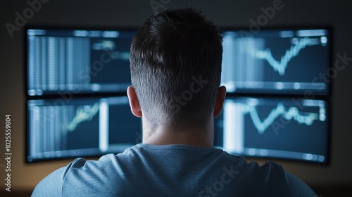 A man is sitting in front of a computer monitor with four screens