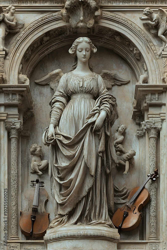 A marble sculpture of a woman with wings, standing between two violins. A marble sculpture of a woman with wings, standing between two violins.