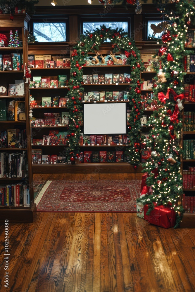 Festive display of holiday cards in a bookstore, surrounded by deer-themed literature. Festive display of holiday cards in a bookstore, surrounded by deer-themed literature.