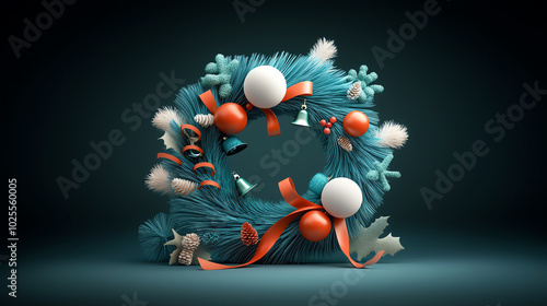 Fototapeta Tinsel-covered vintage wreath with old-fashioned holiday bells and ribbons, 3D illustration