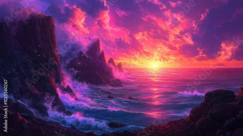A vibrant sunrise over a coastal cliff, with waves crashing against the rocks and the sky ablaze with color.