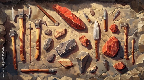 Stone Age Tools and Weapons Displayed on Rough Ground photo