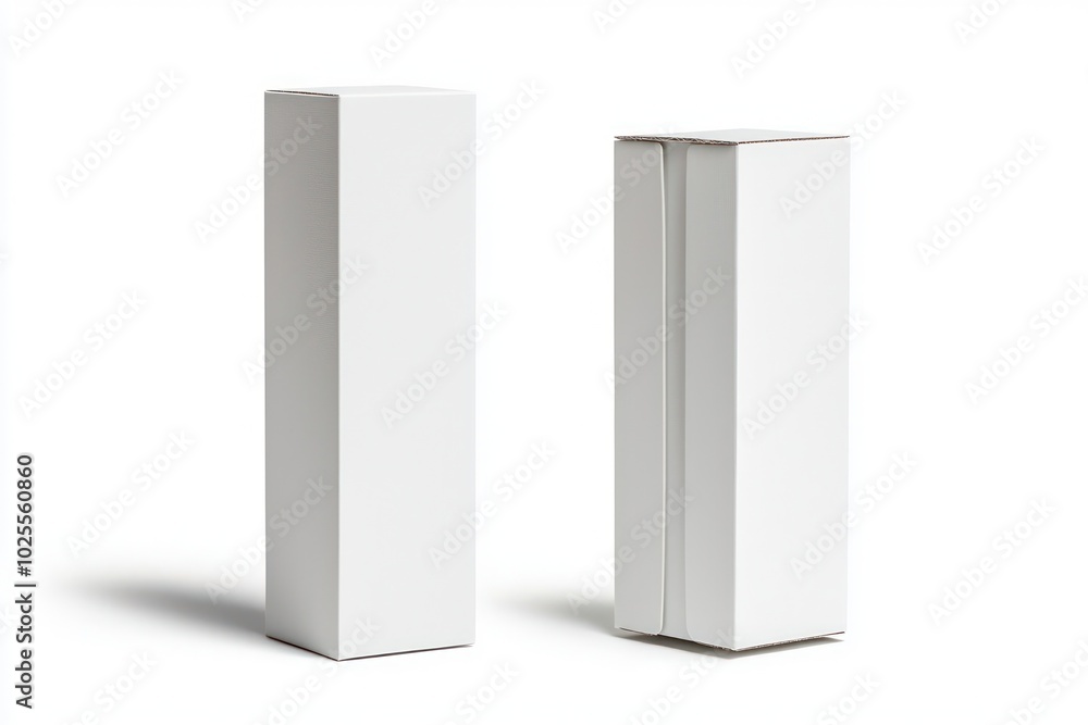 Side and front view of a tall white cardboard box in 3D, isolated for clarity. Side and front view of a tall white cardboard box in 3D, isolated for clarity.