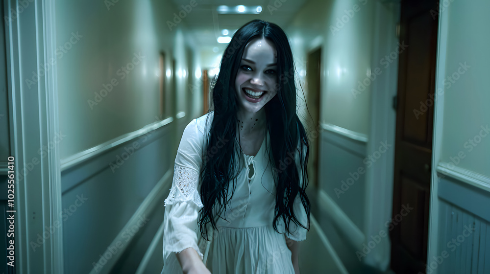 Terrifying ghost with long black hair and haunting smile lurks in a dark hallway. Chilling atmosphere perfect for horror, haunted scenes, and supernatural themes in eerie environments Terrifying ghost with long black hair and haunting smile lurks in a dark hallway. Chilling atmosphere perfect for horror, haunted scenes, and supernatural themes in eerie environments