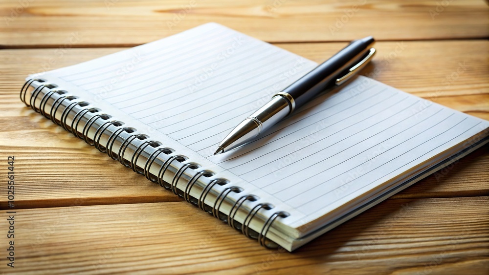 Desk with spiral notebook and pen from low angle view Desk with spiral notebook and pen from low angle view