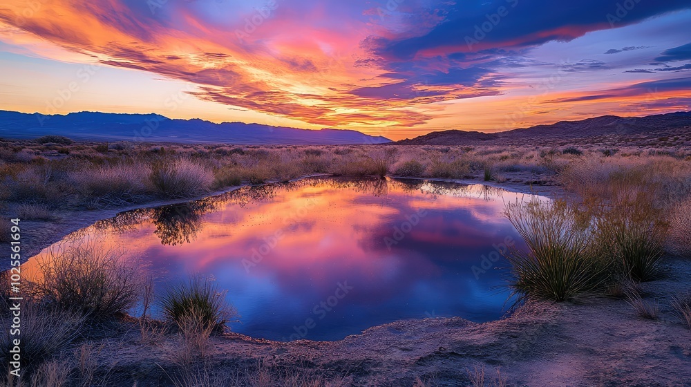 A peaceful desert sunrise at dawn, with colorful skies reflected in the still waters of a small desert pond A peaceful desert sunrise at dawn, with colorful skies reflected in the still waters of a small desert pond