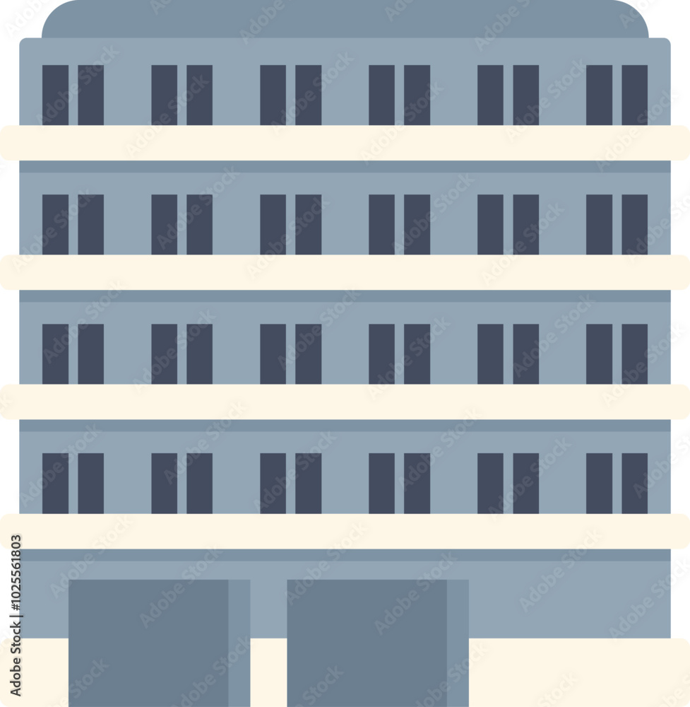 Modern city building facade featuring multiple floors with windows and garage doors at street level Modern city building facade featuring multiple floors with windows and garage doors at street level