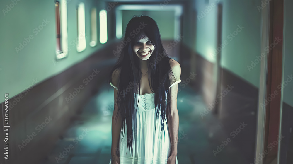 Terrifying ghost with long black hair and haunting smile lurks in a dark hallway. Chilling atmosphere perfect for horror, haunted scenes, and supernatural themes in eerie environments Terrifying ghost with long black hair and haunting smile lurks in a dark hallway. Chilling atmosphere perfect for horror, haunted scenes, and supernatural themes in eerie environments