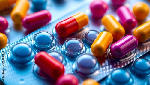 Colorful pills and capsules on blister packs. Conceptual photo about health, medication, pharmacy, and medical treatment.