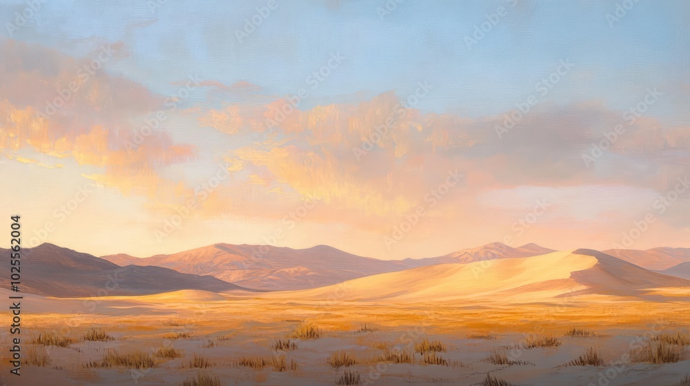 A serene desert landscape at dawn, with soft pastel colors in the sky and golden light gently illuminating the sand dunes A serene desert landscape at dawn, with soft pastel colors in the sky and golden light gently illuminating the sand dunes