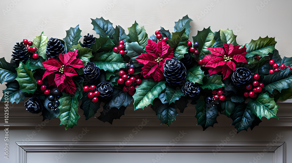 Fototapeta premium Classic Red and Green Christmas Scene with Holly Leaves, Berries, and Elegant Ribbon Decorations for a Timeless Holiday Look