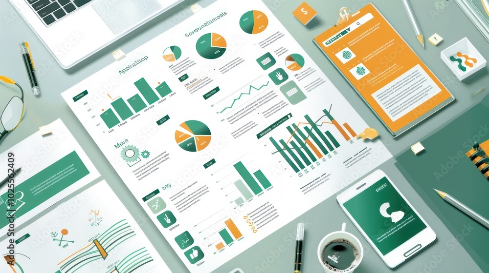 Data Analysis Spread Across Workspace With Laptop, Phone, Pen, Coffee, and Pencil Data Analysis Spread Across Workspace With Laptop, Phone, Pen, Coffee, and Pencil