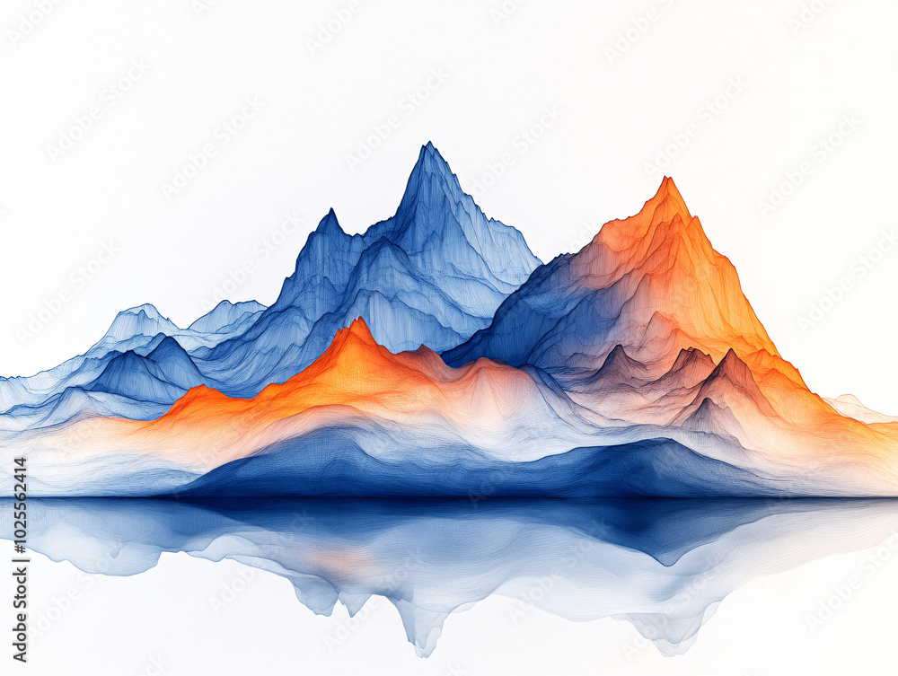 Fototapeta premium a mountain range with a river flowing through it, painted in shades of orange, blue, and purple.