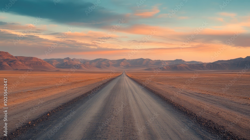 Fototapeta premium A tranquil desert road leading into the horizon at dawn, with the sky gradually brightening and the landscape bathed in warm light