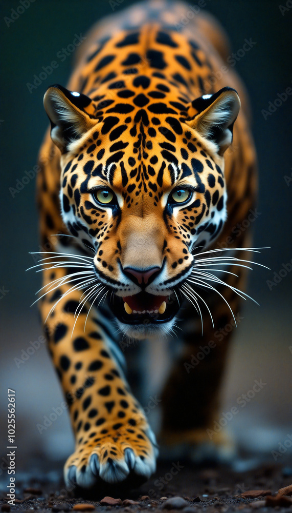 Obraz premium Powerful jaguar walking and showing teeth and claws