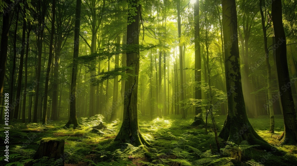 Obraz premium Sunbeams Illuminating a Mystical Forest