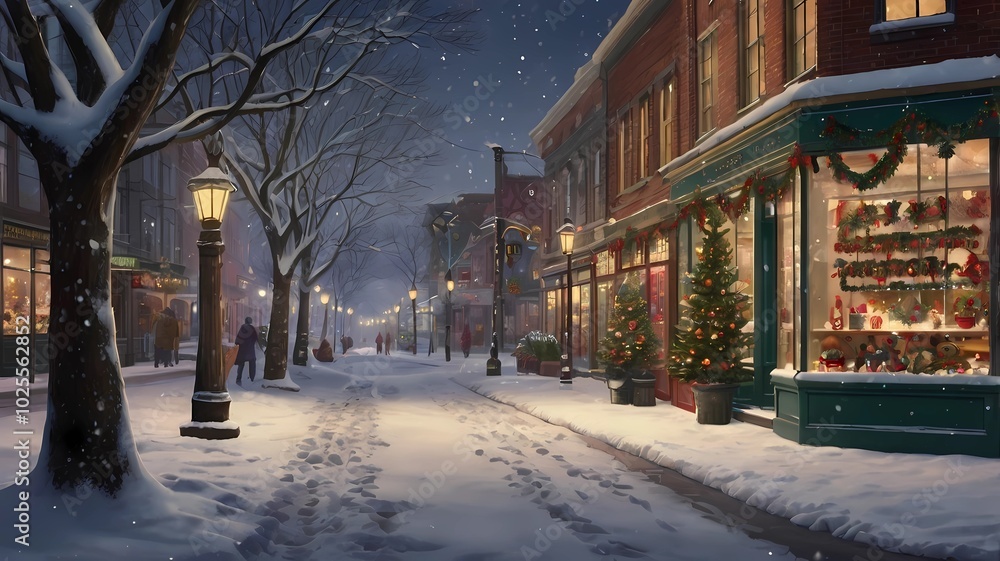 Obraz premium winter street scene showing shops with Christmas decorations. generative ai