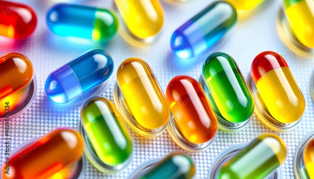 Colorful capsules scattered on a white surface Colorful capsules scattered on a white surface
