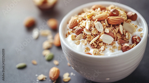 A healthy breakfast bowl filled with yogurt, granola, and a variety of nuts, including hazelnuts, sunflower seeds, and almonds.