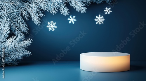 Snowflakes and evergreen branches create a winter scene with a glowing display.