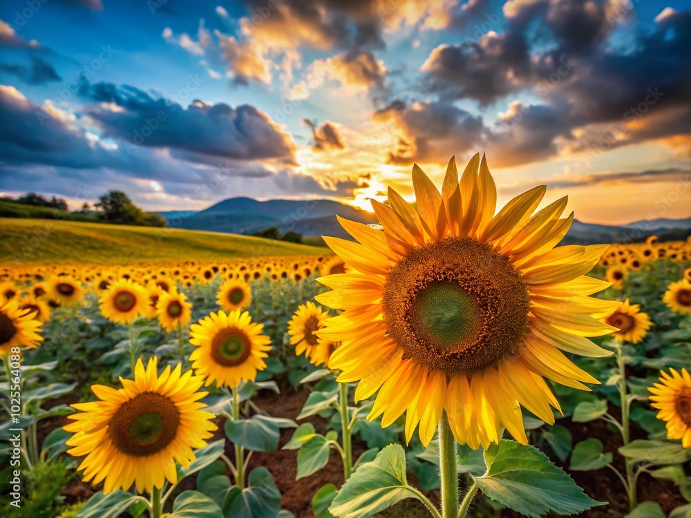 Fototapeta premium Ennis Sunflower Field: A Vibrant Landscape of Golden Blooms and Scenic Beauty for Nature Lovers and Photographers Alike