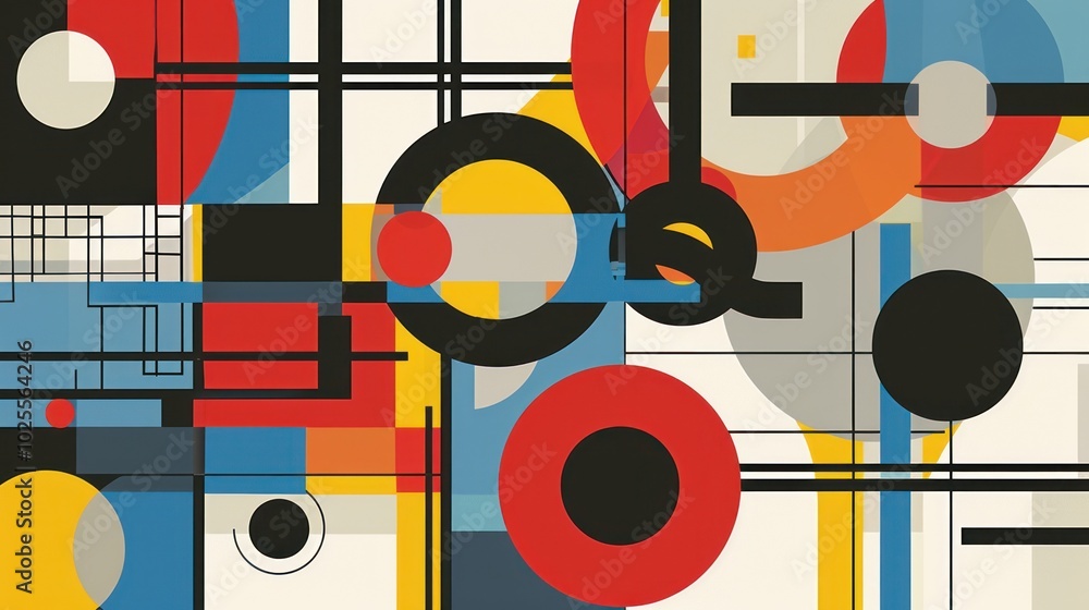 Obraz premium Abstract Geometric Composition with Circles, Squares, and Lines in Red, Yellow, Blue, and Black