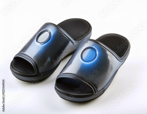 Sleek, futuristic slippers with glowing blue accents.  Modern design, comfortable fit, innovative tech. photo