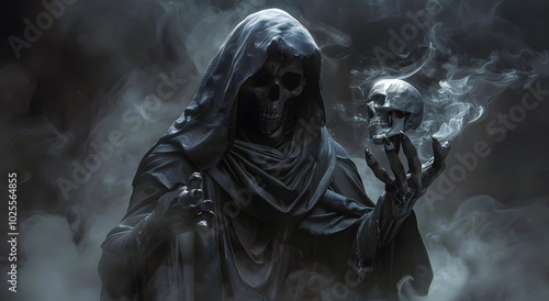 Hooded figure holds a skull in a dark, dead angels evoking mystery and dread. Dark cloak and eerie shadows create a chilling Halloween atmosphere, perfect for horror or fantasy themes