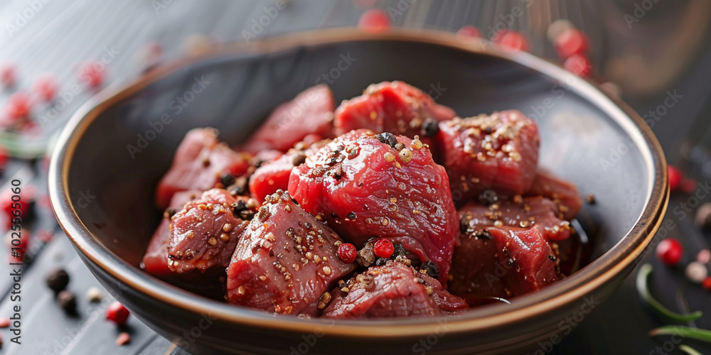 A bowl filled with raw meat seasoned with various spices and sprinkled. A bowl filled with raw meat seasoned with various spices and sprinkled.