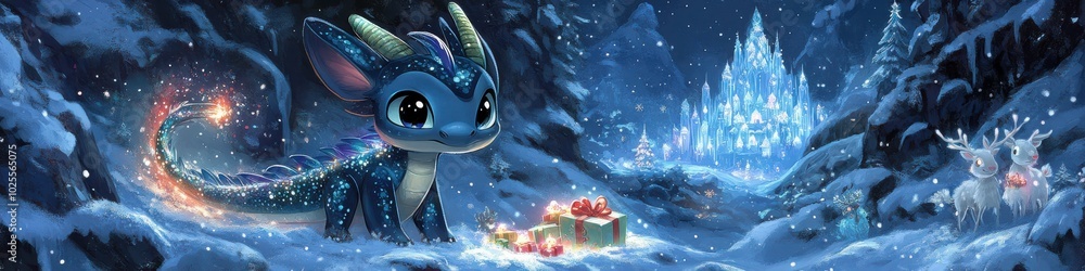Enchanting Winter Wonderland with Dragon Flying Over Snowy Forest and Frosty Castle in Mystical Fantasy Night Scene Enchanting Winter Wonderland with Dragon Flying Over Snowy Forest and Frosty Castle in Mystical Fantasy Night Scene